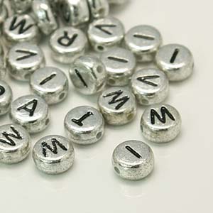 PB607 acrylic alphabet beads, flat rounds - silver mix PB607 acrylic alphabet beads, flat rounds - silver mix