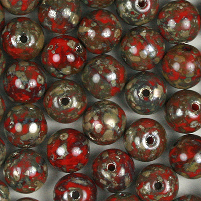 GBSR06-424 - Czech round pressed glass beads - opaque coral red picasso