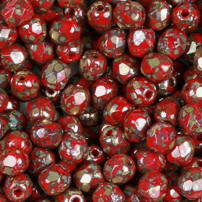 GBFP04-424 - Czech fire-polished beads - opaque coral red picasso 