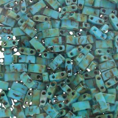 TLH4514 - Miyuki Half Tila Beads - opaque turquoise blue picasso