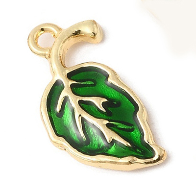 ECH14-GRN-1 Green Enamel Leaf Charm/Pendant - light gold 