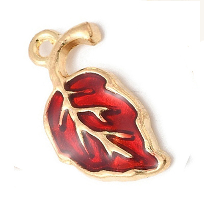 ECH14-RED-1 Red Enamel Leaf Charm/Pendant - light gold 